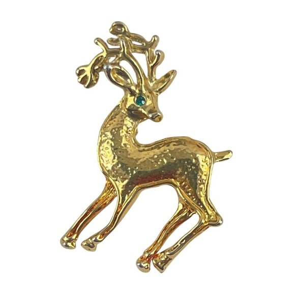 Gold-Tone Reindeer Pin Brooch With Green Rhinestone Eye Holidays Festive Xmas - Picture 1 of 6
